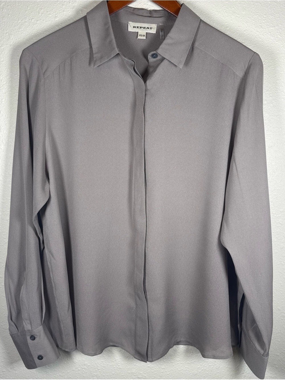 Repeat Silk Long Sleeve Button Up Blouse 40 Medium Quiet Luxury Minimalist Taupe